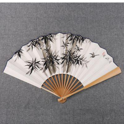 男士折扇中国风10寸手绘宣纸礼品扇日用玉竹古风国画山水花鸟扇子