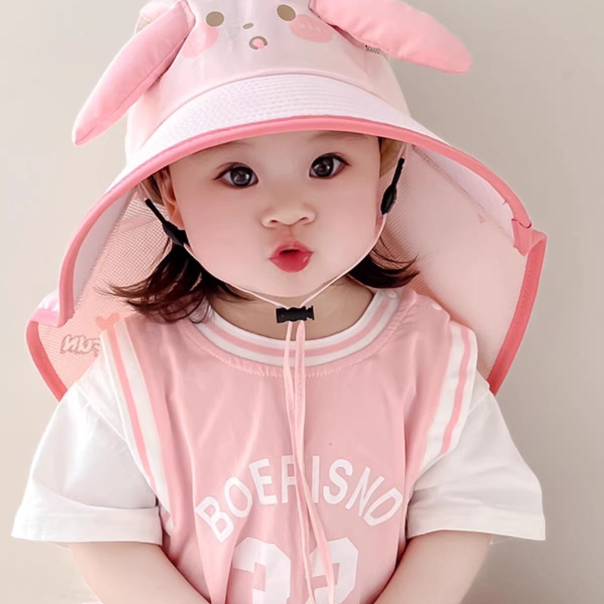 儿童防晒帽夏季大帽檐女童渔夫帽披肩宝宝遮阳帽可爱兔耳朵太阳帽