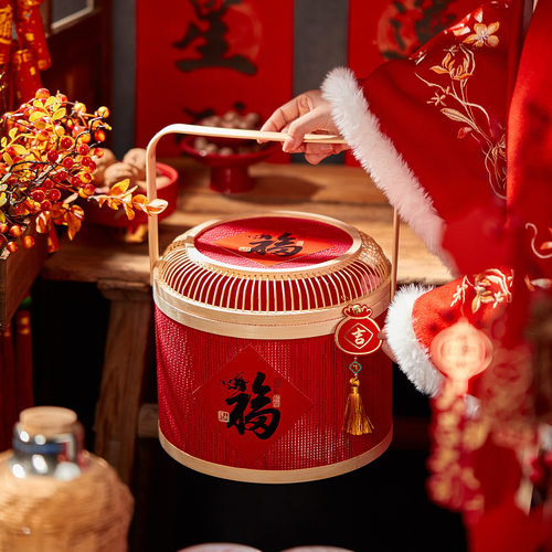 2026新年竹编篮马年礼盒包装竹篮子春节特产年货编织手提抱抱桶