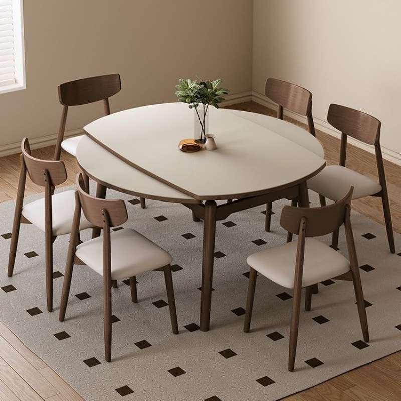 实木岩板餐桌现代简约家用小户型圆桌胡桃木色可伸缩折叠方圆两用