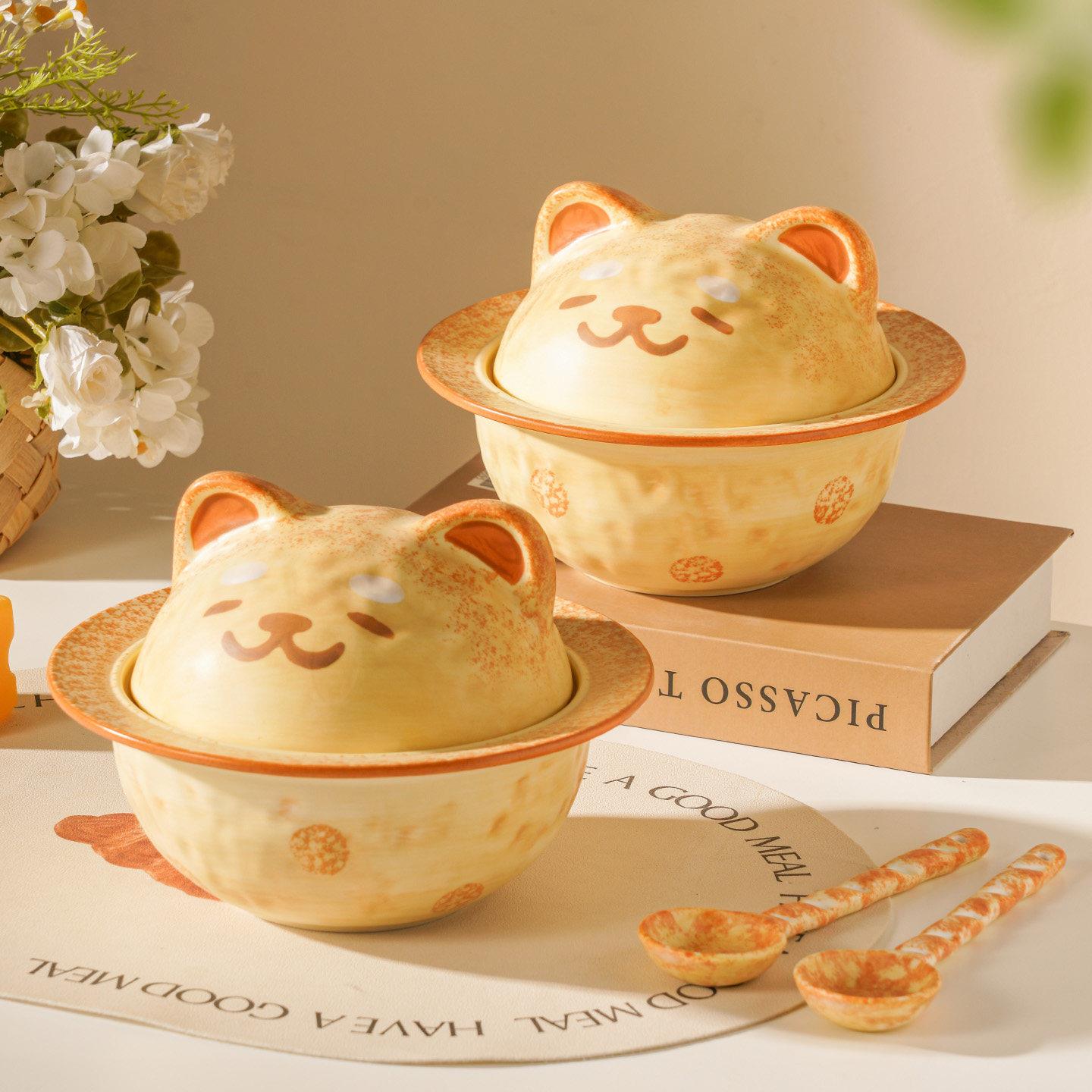 新款柴犬星球泡面碗可爱高颜值女生生日礼物陶瓷面碗带盖稀奇古怪