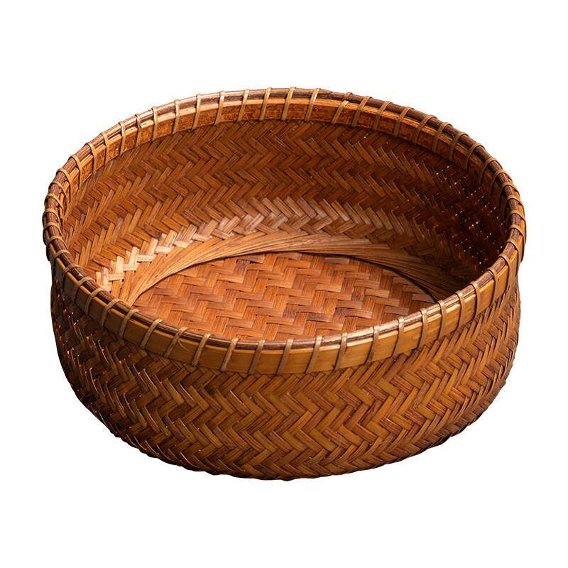 手工竹编水果盘做旧覆古小吃筐中式大漆茶点收纳篮圆形家用竹篮子