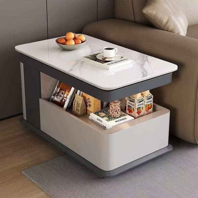 可移动边几升降旋转小推车茶几边几桌沙发边柜茶水柜大理石岩板面