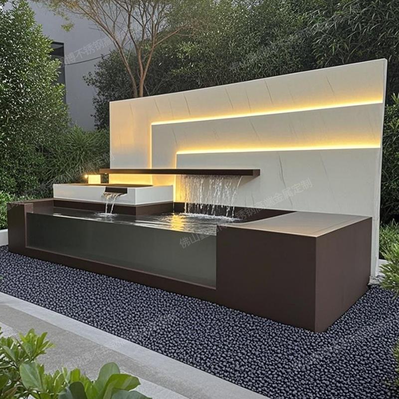 室外庭院迎门背景深咖色现代风别野水幕流水墙园林景观屏风影壁墙