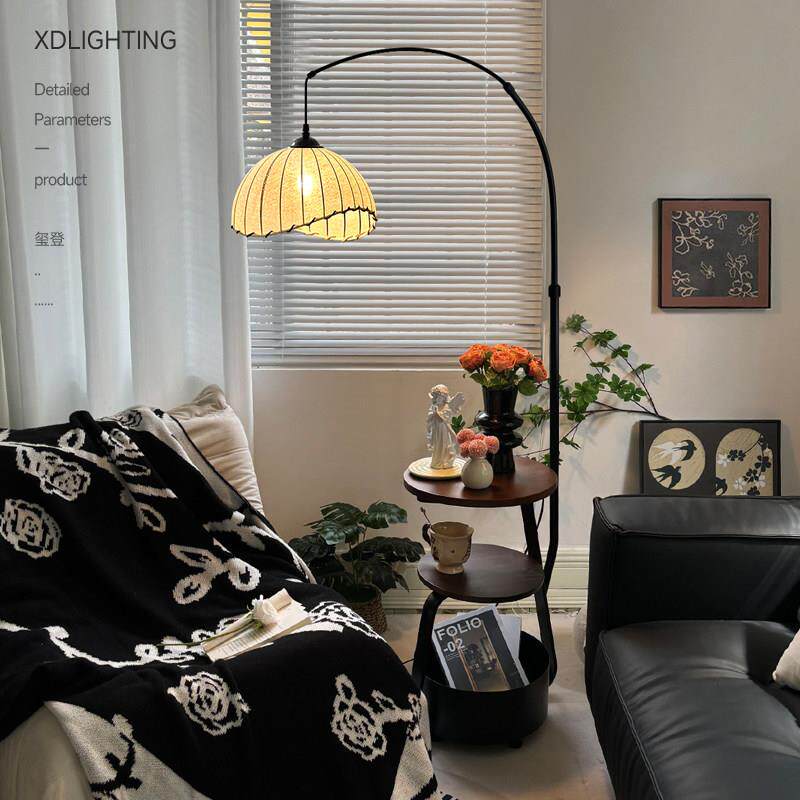 2025新款中古客厅钓鱼灯落地灯置物架一体覆古沙发旁边装饰气氛灯
