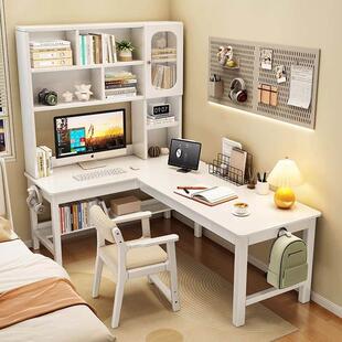 橡木转角书桌书架一体桌L型电脑桌拐角工作台7字型书柜组合办公桌