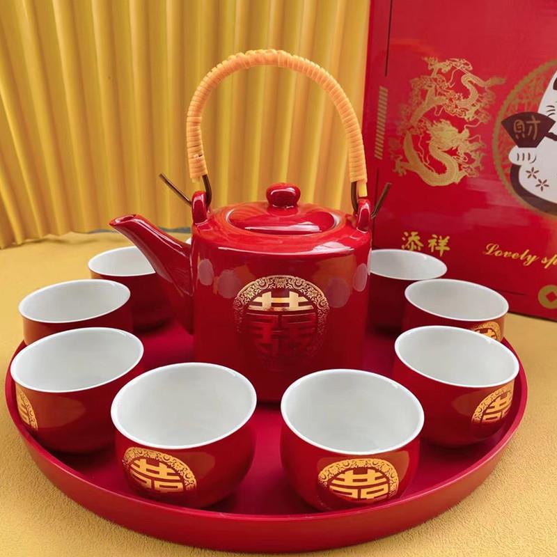 中式订婚红色新娘改口敬茶杯提梁茶壶托盘结婚庆功夫茶具套装礼盒