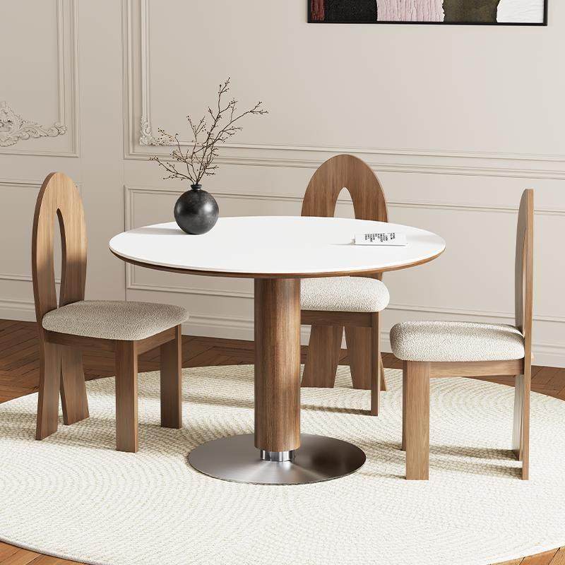 中古风岩板圆形餐桌复古风圆桌小户型家用黑胡桃木色餐桌椅组合