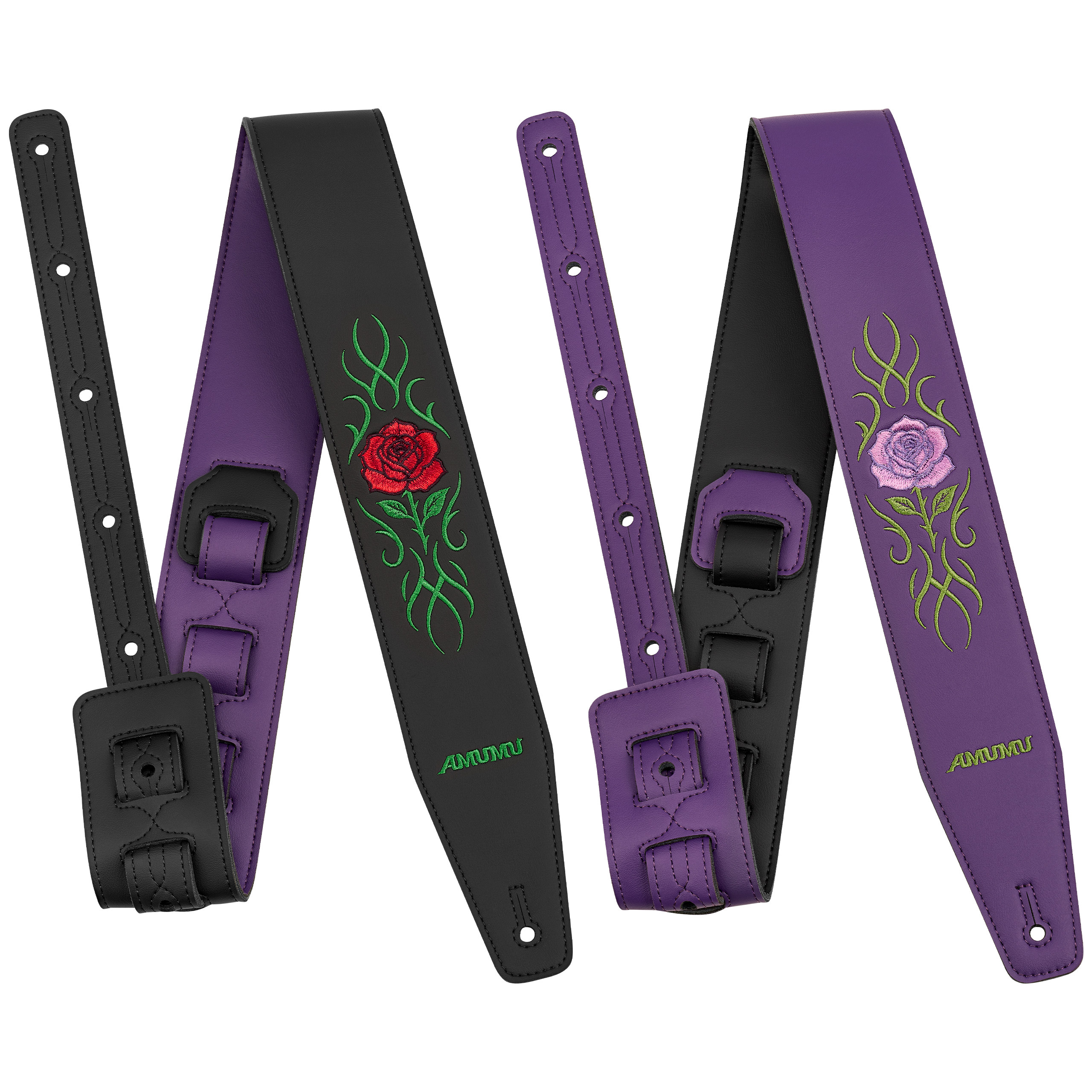 AMUMU皮吉他背带加宽加厚木电吉他贝斯舒适减压刺绣肩带红紫玫瑰