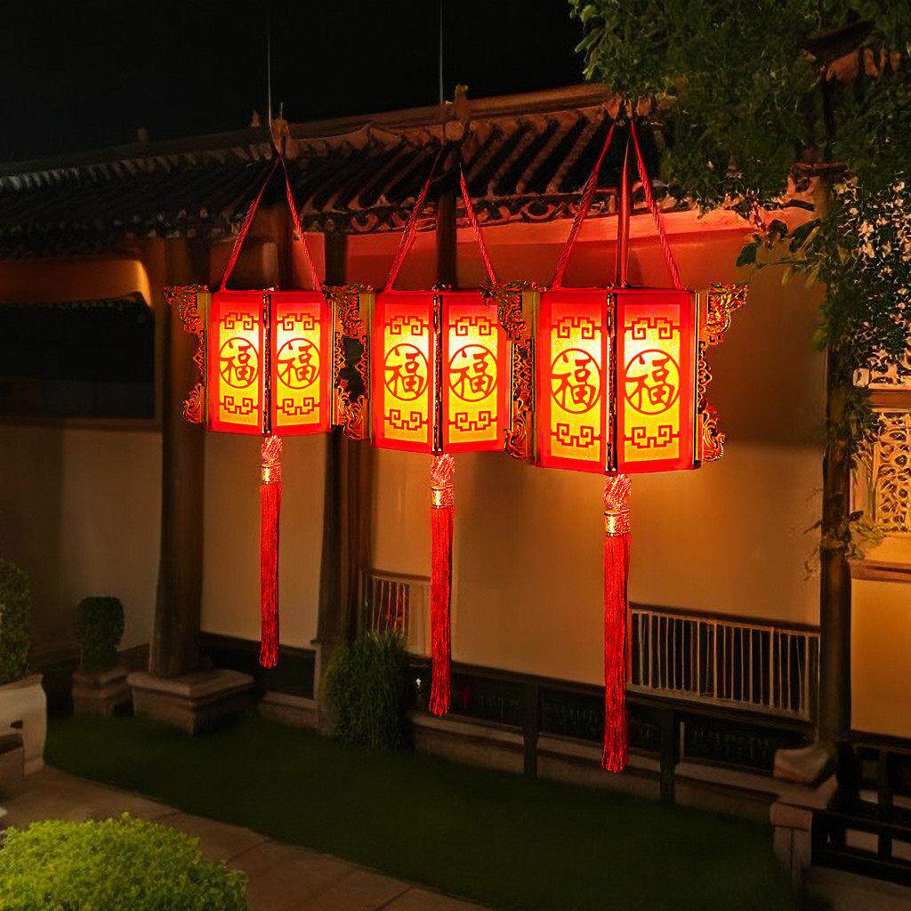 新款太阳能六角宫灯中式红灯笼庭院灯新年节日防水房檐户外装饰灯
