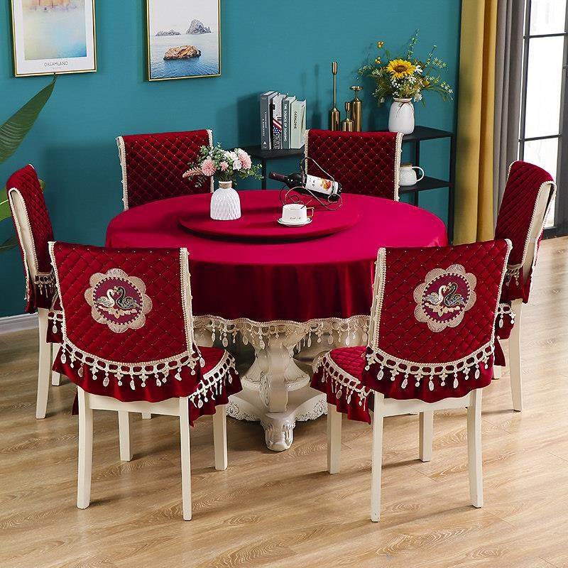 两层带转盘旋转圆桌桌布中式红色家用轻奢高级感椅套套装椅子套罩,居家布艺,桌布,淘宝优惠券,粉丝福利购,淘宝优惠卷
