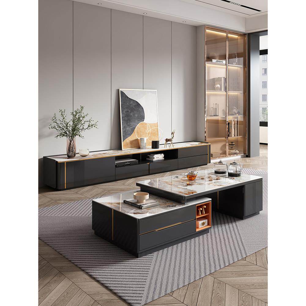 岩板客厅伸缩功夫茶几电视柜组合茶台泡茶一体式多功能家用小户型