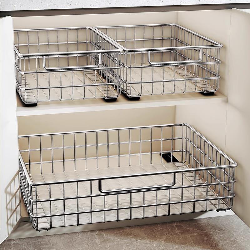 不锈钢厨房下水槽置物架抽拉式整体橱柜内抽屉拉篮果蔬架放锅具收