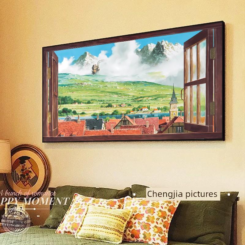 宫崎骏哈尔的移动城堡窗户床头挂画客厅装饰画卡通小众风景墙壁画