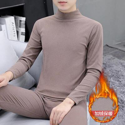 德绒保暖内衣男士半高领秋衣秋裤套装青少年发热打底棉毛衫中领男