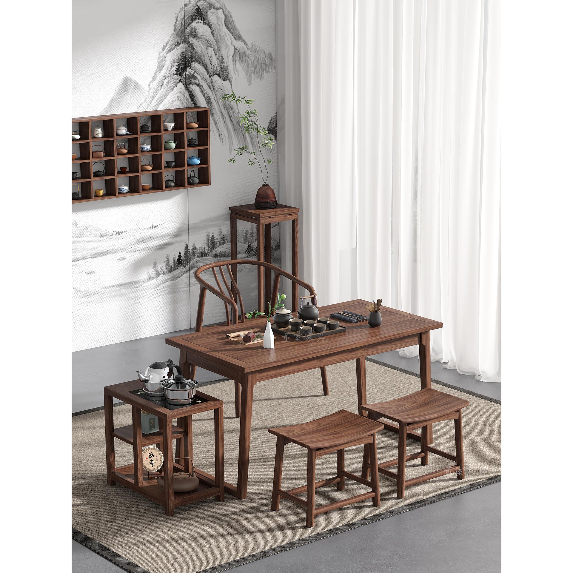 新中式阳台茶桌椅组合实木家用小型泡茶台黑胡桃木小书桌办公桌子