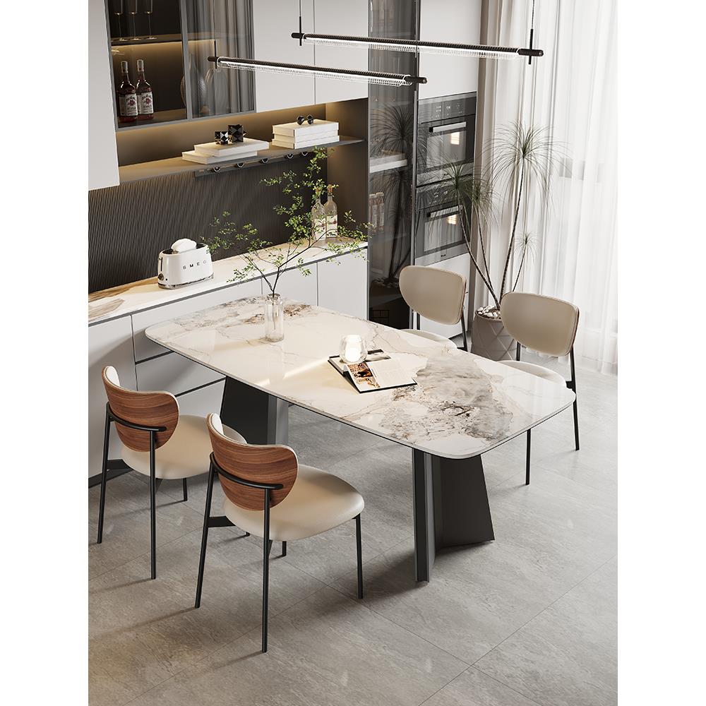 意式简约现代黑色岩板餐桌椅组合长方形复古小户型侘寂风吃饭桌子