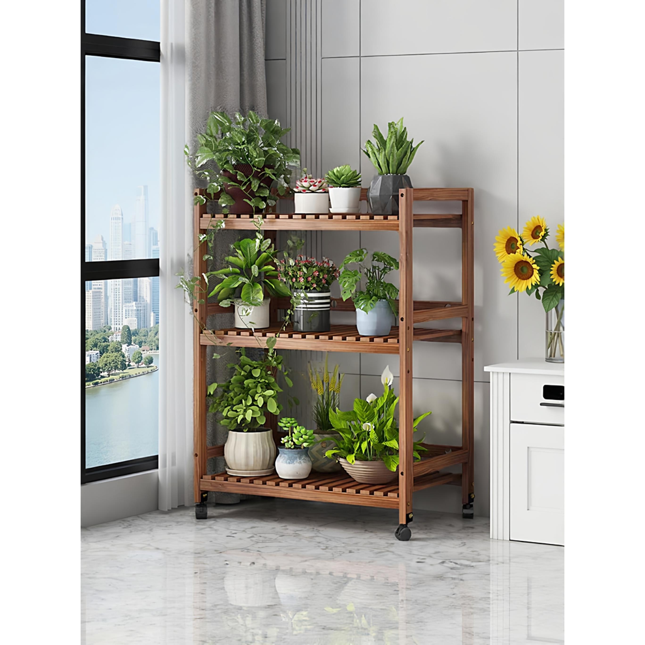 多肉花架阳台置物架带轮可移动多层储物架子室内客厅落地实木花架