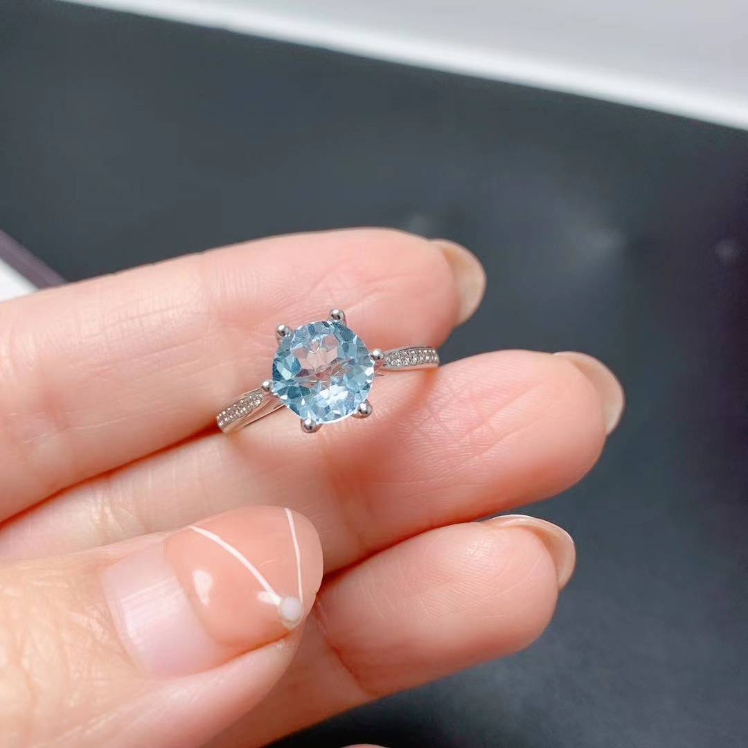 生日礼物天然天空蓝托帕石戒指