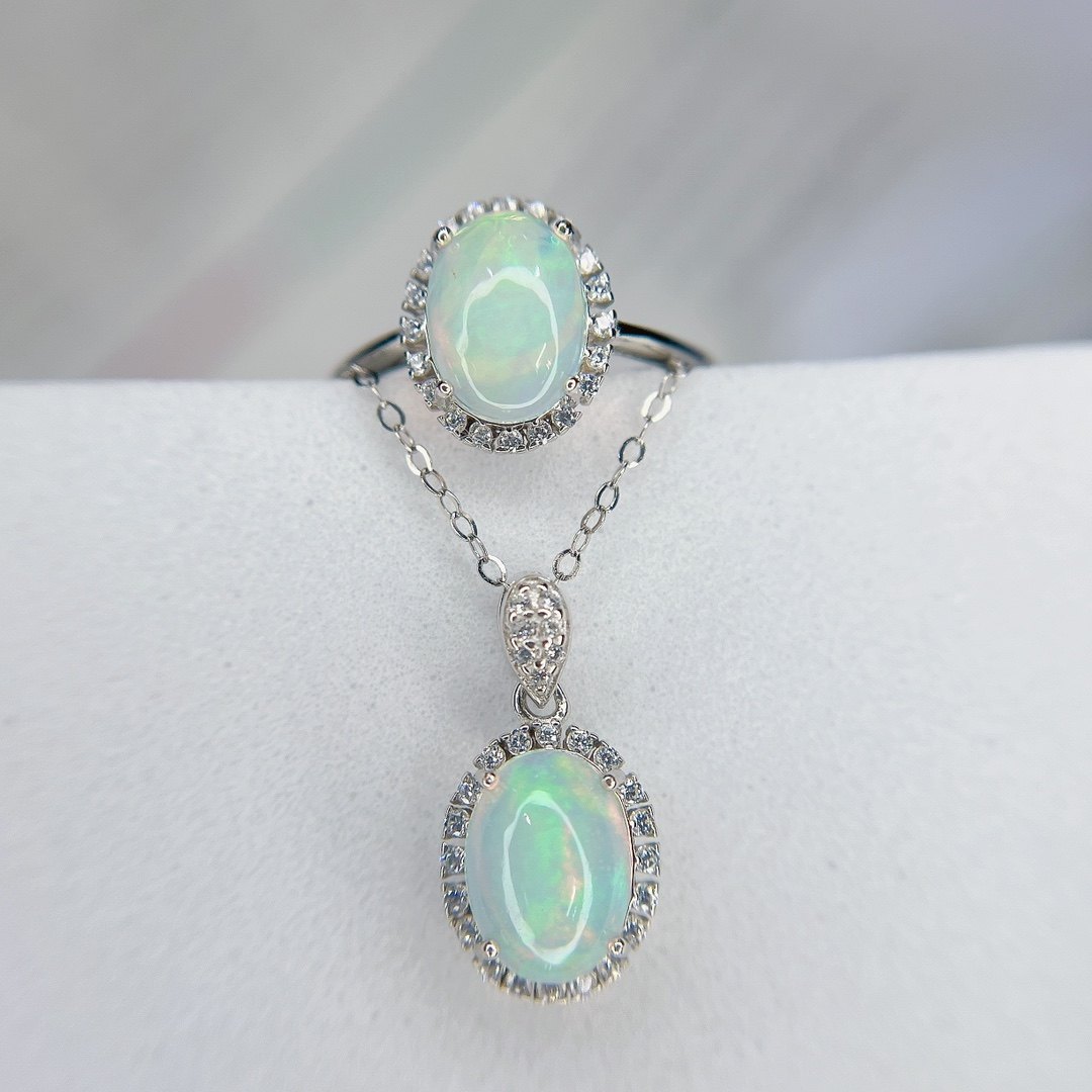 天然澳宝欧泊戒指项链套装极细切