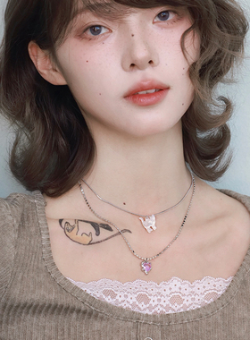 西迟贝壳小猫爱心双层叠戴猫系少女项链可调节