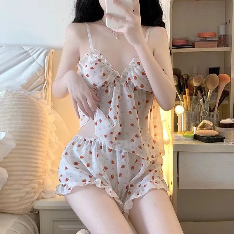 性感碎花雪纺吊带睡衣短裤两件套睡衣/家居服套装