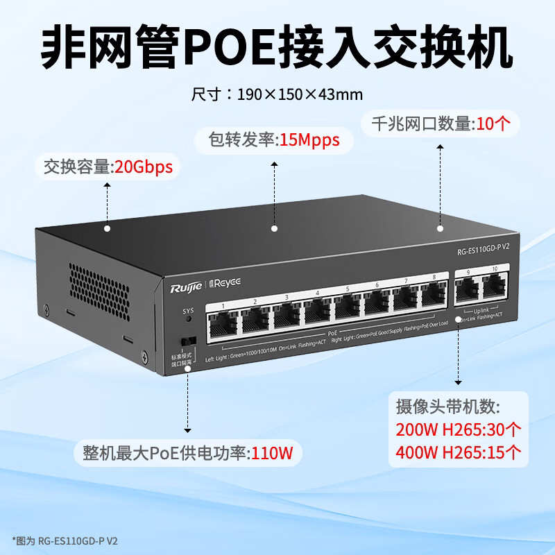锐捷睿易交换机RG-ES110GD-P V2 非网管POE供电 8口千兆接入+2口千兆上联 监控安防网络集线器
