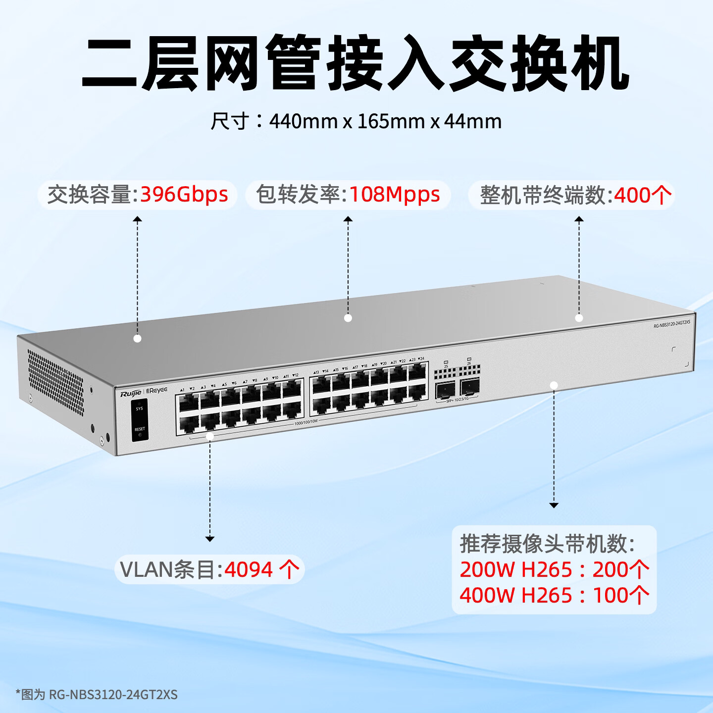锐捷睿易交换机RG-NBS3120-24GT2XS 二层网管型企业级 24口千兆电口+2口万兆SFP光口 端口聚合 官方旗舰店