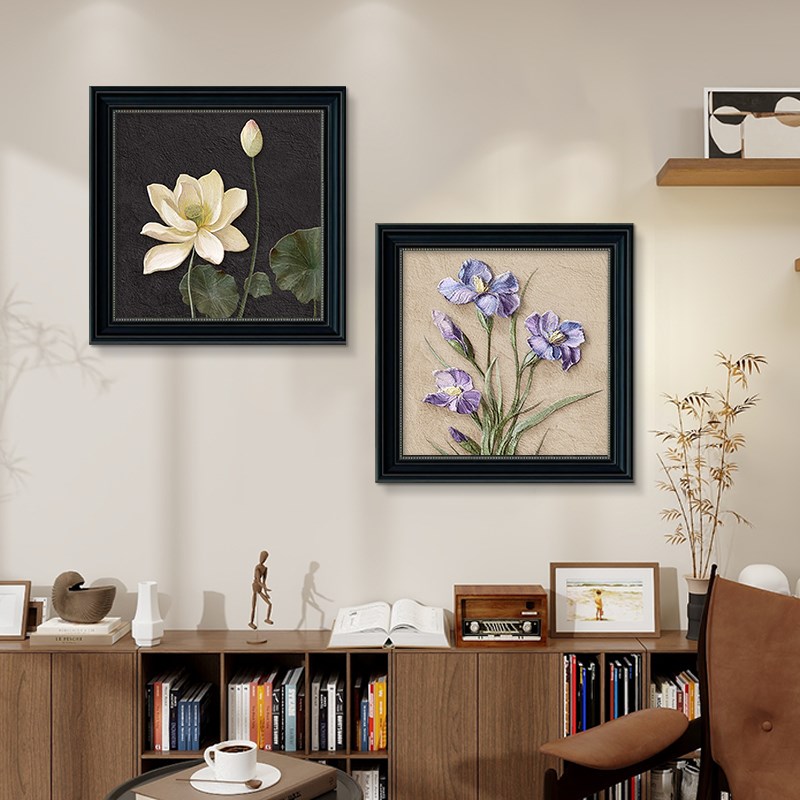荷花卧室床头小挂画中古风玄关装饰画复古餐厅油画艺术壁画高级感图片