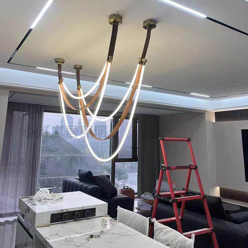 极简线条皮带灯设计师样板房挑空客厅loft复式楼别墅楼梯间吊灯