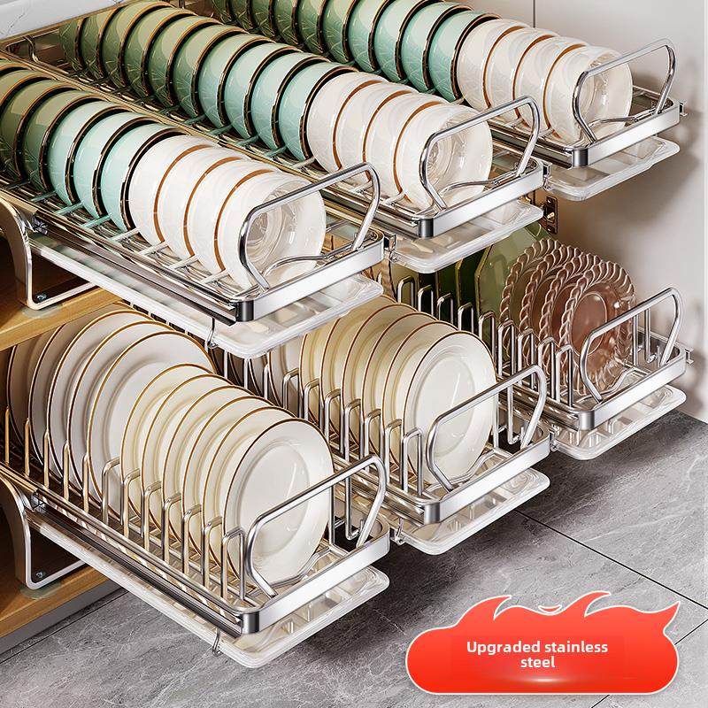 不锈钢抽拉碗碟收纳架厨房碗盘架橱柜拉篮抽屉盘子沥水置物架2090