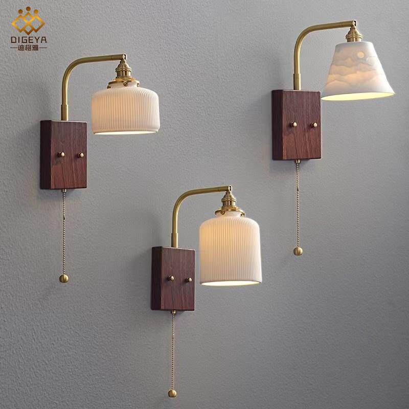 复古移动可胡桃木陶瓷壁墙灯新中式床头景壁灯民383宿背拉线全铜