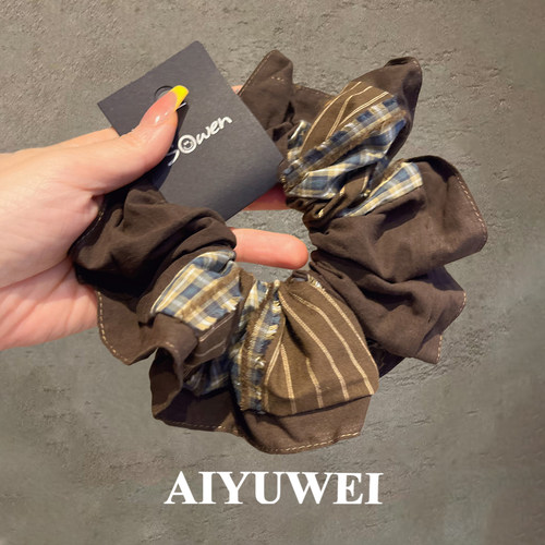 品质棕色格纹拼接布艺发圈韩系百搭气质扎马尾头绳2025新款发绳女