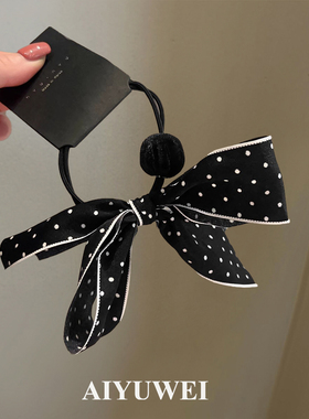 波点蝴蝶结绒球发绳法式黑色百搭扎马尾皮筋头绳发饰秋冬新款发圈