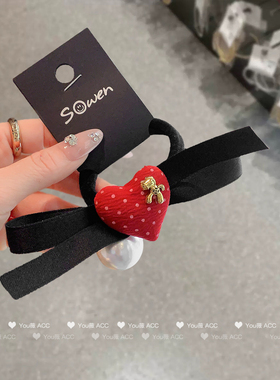 韩版黑色蝴蝶结发圈波点红心珍珠发绳小金马秋冬新款弹力圈头绳女