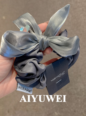 银灰色亮丝纱蝴蝶结发圈高级感韩系气质发绳头饰秋冬新款头绳肠圈