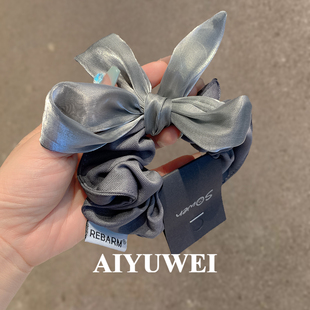 银灰色亮丝纱蝴蝶结发圈高级感韩系气质发绳头饰秋冬新款 头绳肠圈