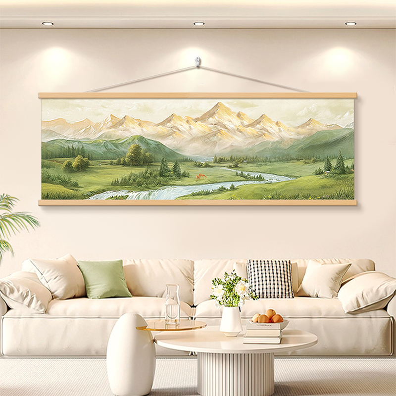 日照金山客厅装饰画山水风景画沙发背景墙挂画出租房免打孔卷轴画