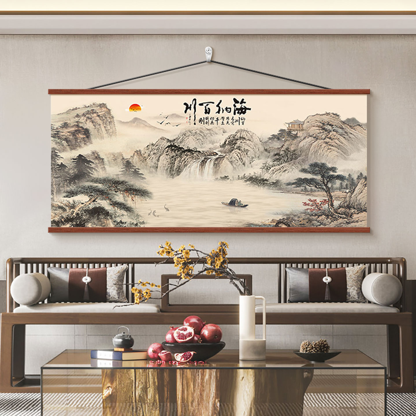 新中式客厅装饰画沙发背景墙挂画山水风景国画靠山图书房茶室壁画