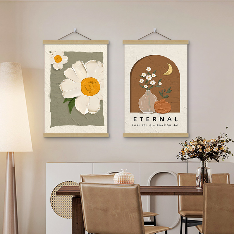 北欧餐厅装饰画饭厅挂画奶油风花卉卷轴挂布墙画餐桌墙面装饰壁画图片