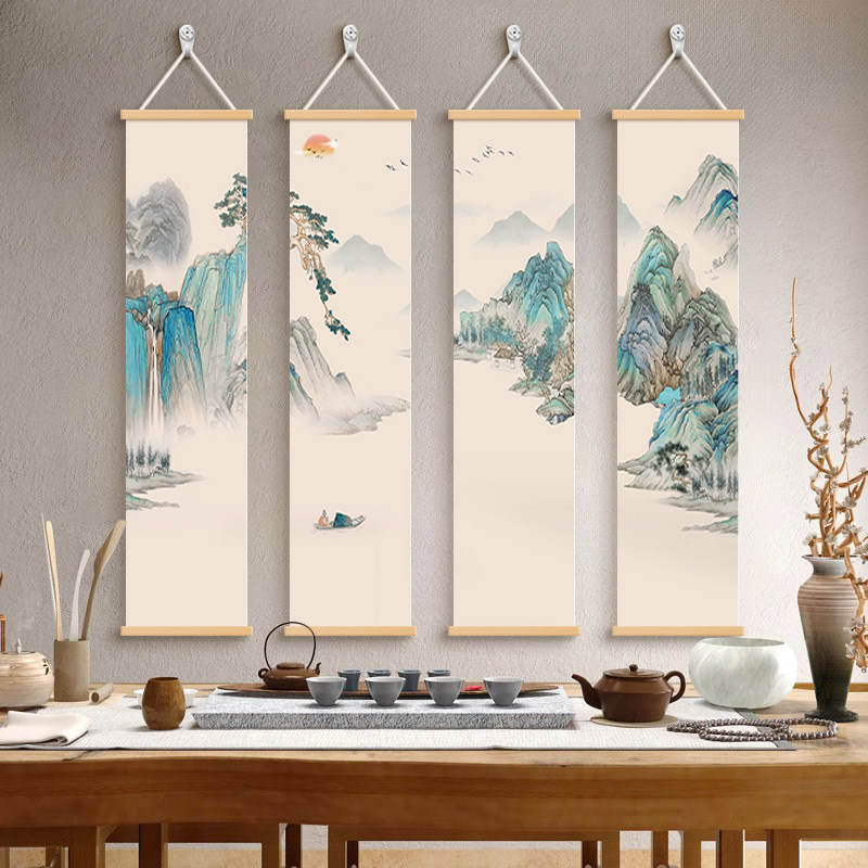 四联屏千里江山图装饰画茶室挂画