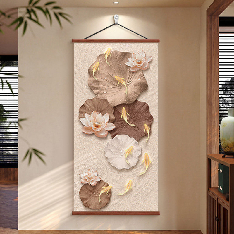 中古风九鱼图玄关装饰画入户挂画图片