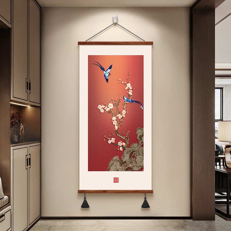 喜上枝头玄关装饰画新中式入户正对门挂画红色寓意好走廊过道壁画图片