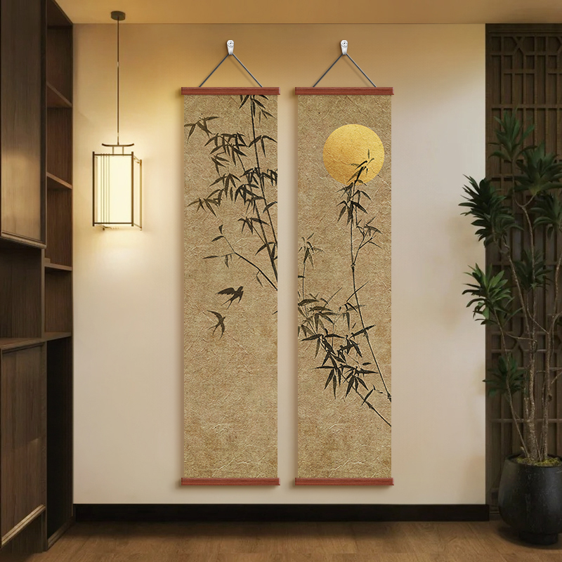 新中式玄关装饰画高级感竖版长条竹子画挂画禅意空间茶室氛围布置图片