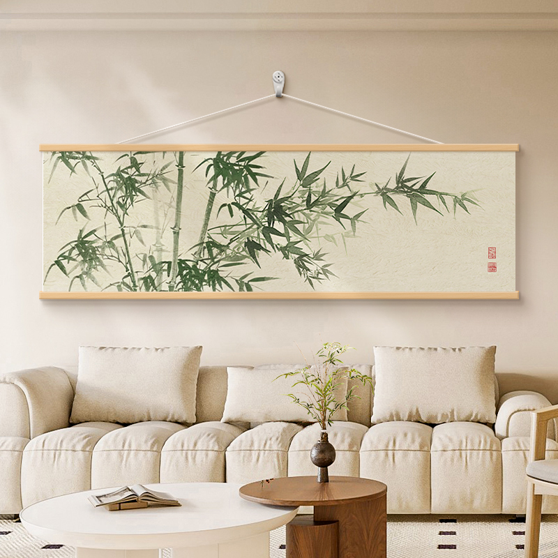 竹子挂画2025新款客厅茶室装饰画新中式主卧床头画横版竹报平安画图片