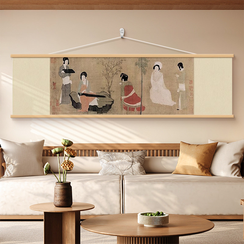 宋代美学书房茶室背景墙装饰画簪花仕女图卧室床头画客厅禅意挂画