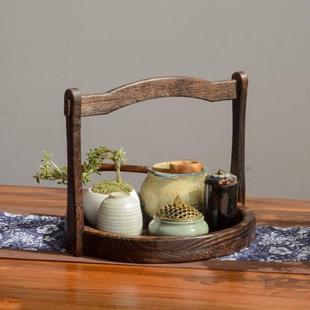 复古食盒喝茶功夫茶具配件民宿家用茶杯垫茶点盘 实木手提篮子中式