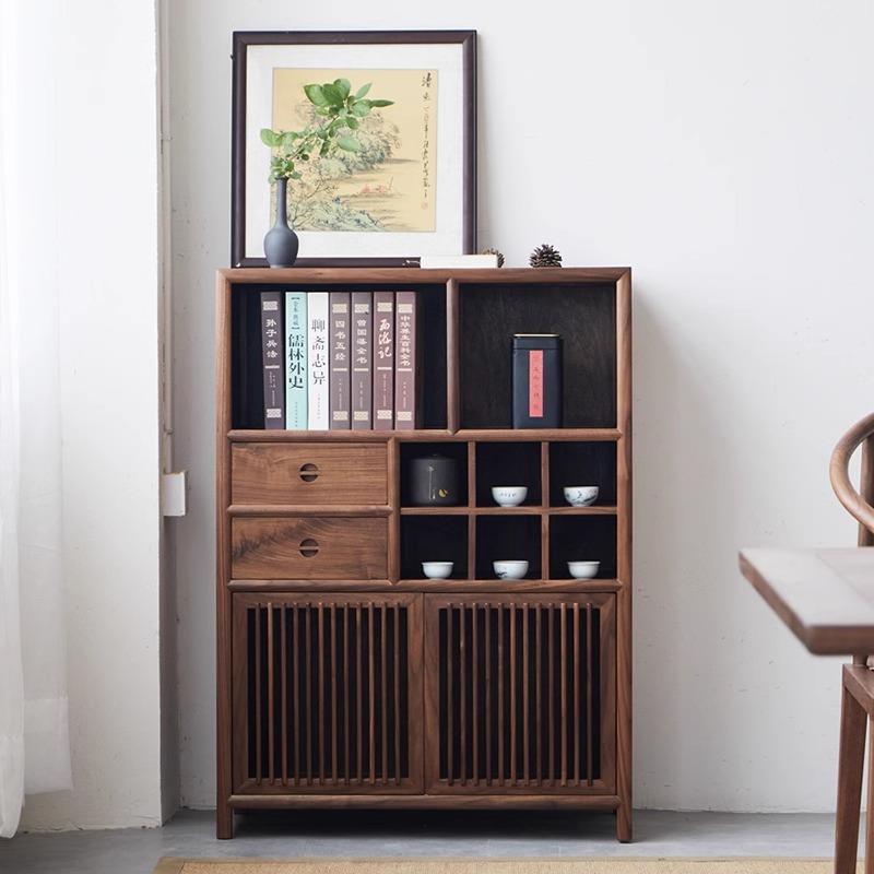 新中式实木收纳柜置物柜客厅玄关柜老榆木茶室餐边柜家用储物柜子