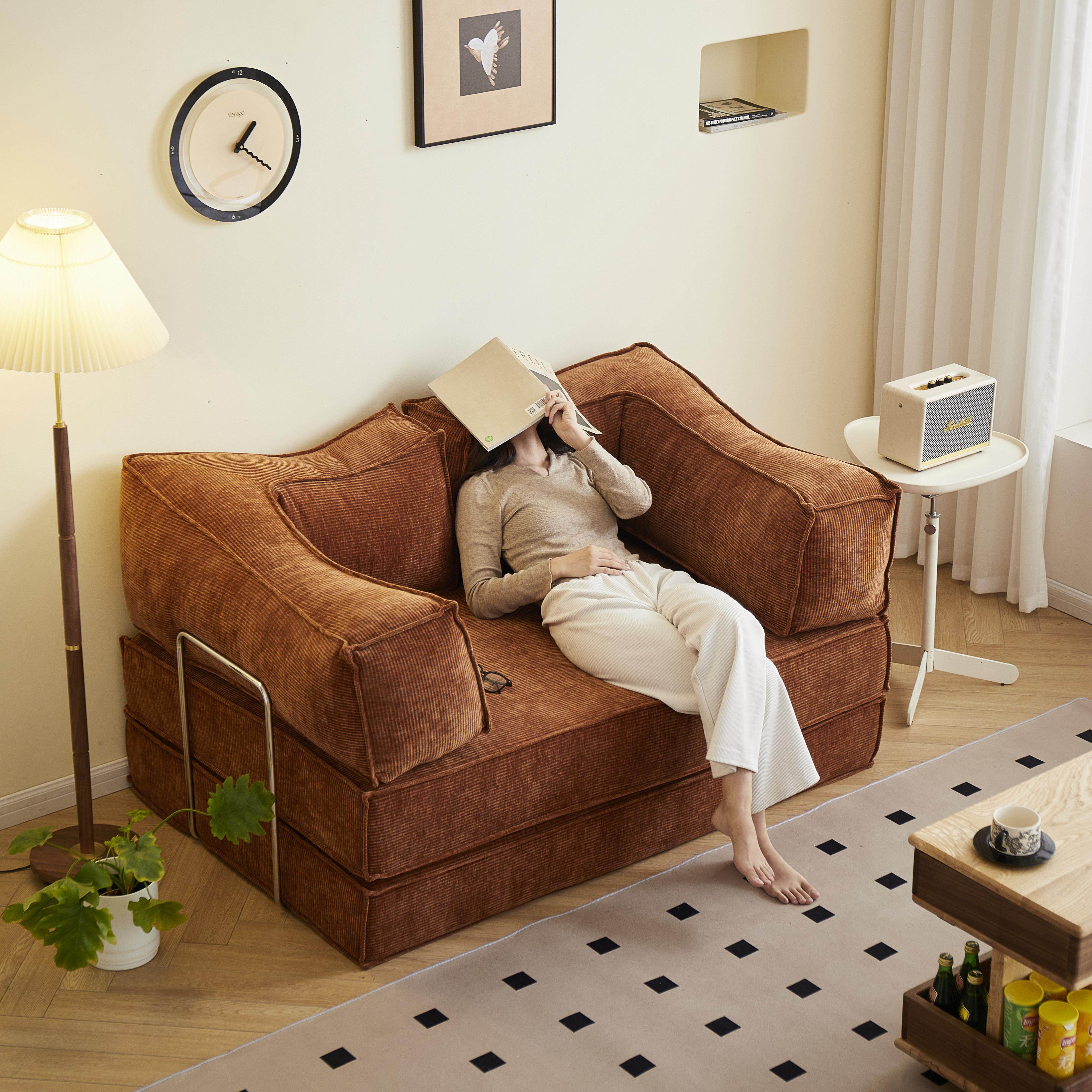 2025新款中古风布艺沙发模块客厅双三人折叠两用泰迪豆腐块沙发床