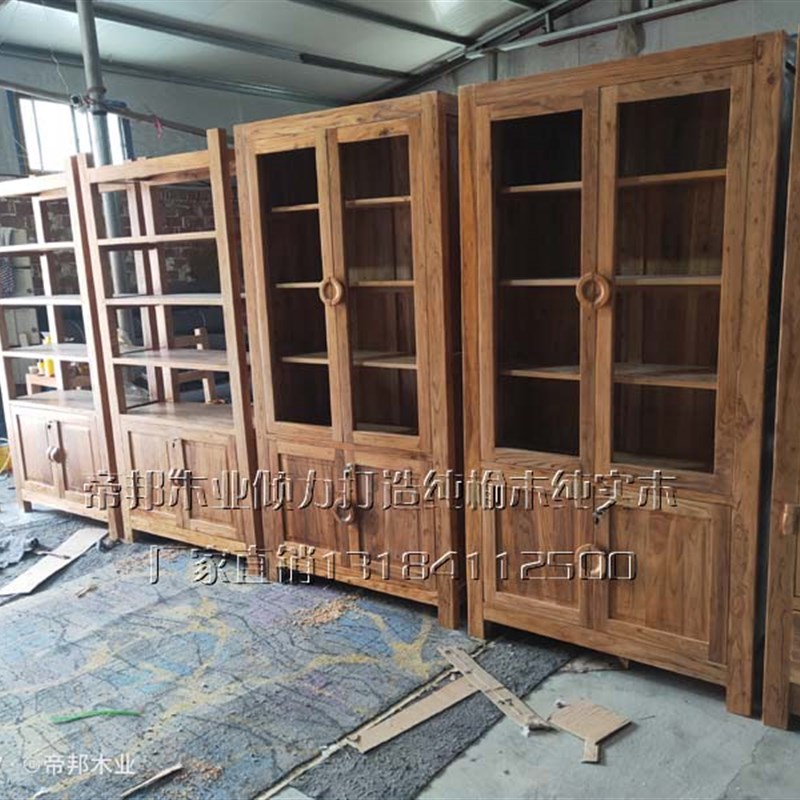 老榆木书架置物架复古落地展示架多宝阁中K式实木收纳书柜 可定做